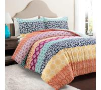 Lush Decor Parure de lit réversible 3 pièces en Coton à Rayures bohémiennes, très Grand lit, Fuchsia et Orange