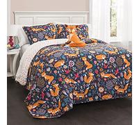 Lush Decor Pixie Fox Parure de lit réversible 3 pièces pour lit Simple, Bleu Marine et Orange - Parure de lit pour Filles - Couette fantaisiste pour Enfants et Tout-Petits - Imprimé Floral et cœur -