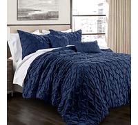 Lush Decor Ravello Parure de lit texturée et plissée 5 pièces - Décoration de Chambre Traditionnelle Glamour et Rustique - King-Size - Bleu Marine