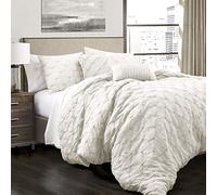 Lush Decor Ravello Parure de lit texturée et plissée 5 pièces - Décoration de Chambre Traditionnelle Glamour et Rustique - Taille Queen - Blanc