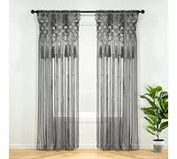 Lush Decor Rideau de fenêtre bohème en Coton macramé avec Pompons - Séparateur de pièce - Toile de Fond de Mariage - Décoration Murale - 213,4 cm (L) x 127 cm (l) - Gris