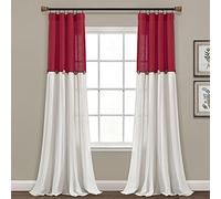 Lush Decor Rideaux à Boutons en Lin de Style Rustique - Panneau Simple plissé Bicolore - 101,6 x 213,4 cm (l x L) - Rouge et Blanc cassé