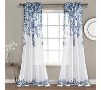 Lush Decor Tanisha Curtains - Ensemble de Panneaux de fenêtre Transparents - Imprimé Floral de Vigne, Beau, Moderne et élégant, décoration d'intérieur - 96,5 cm de Large x 213,4 cm de Long, Bleu