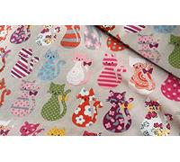 LushFabric Tissu en Coton Motif Chat Mignon - Toile imprimée Animal pour Tapisserie, Rideaux, Fabrication de Robe - Rose, Rouge, Bleu Chats - 140cm de Large