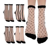 Lusofie 5 Paires Chaussettes Noires Transparentes Rayées À Carreaux À Pois Bas Résille Mignonnes Femmes Filles