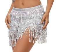 Lusofie Jupe Paillette Femme Argent Danse du Ventre Hanche Jupe Gland Jupe Latin Brillant Jupe à Franges Gland Carnaval Filles Costumes Tenue Danse Orientale Femme