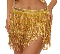 Lusofie Jupe Paillette Femme Or Danse du Ventre Hanche Jupe Gland Jupe Latin Brillant Jupe à Franges Gland Carnaval Filles Costumes Tenue Danse Orientale Femme