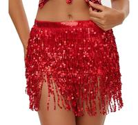 Lusofie Jupe Paillette Femme Rouge Danse du Ventre Hanche Jupe Gland Jupe Latin Brillant Jupe à Franges Gland Carnaval Filles Costumes Tenue Danse Orientale Femme