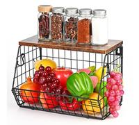LustLocke Corbeille a Fruit, Panier de Fruits et Legumes, Panier a Fruit Mural Mur Empilable Bac à Fruits Etagère Rrange Legumes Cuisine, Avec un Couvercle en bois et 4 Crochets, Noir