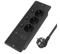 LustLocke Prise Encastrable de Table avec 2 USB-A et 2 Type-C, Multiprise Intégrée 3 Prises avec Câble 1.8m et Interrupteur Séparé, Prise de Table, Multiprise pour Meuble ou Plan de Travail, Noir
