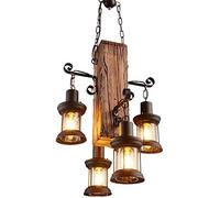 Lustre 4 Lampe E27 Rétro Suspension Bois Éclairage Suspendu Vintage Industriel Suspension Creative Antique Loft Suspension Lumières Personnalité Salle À Manger Lustre Réglable Hauteur Fer Verre Vie