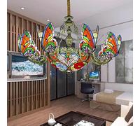 Lustre à LED pendentif Light Light Antique Tiffany Style Treated Gary With 8 Butterfly En forme de lampe à lampe suspendue pour manger Living Living Cafe Room Bar Restaurant 11 lumières Butterfly