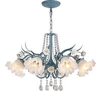 Lustre à Pampilles en Cristal à Fleurs Moderne pour Salon, Salle à Manger, Verre Laiteux, Style campagnard français, Bleu, Grand plafonnier Vintage, Suspension pour Chambre à Coucher, Cuisine, î