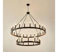 Lustre à Roue De Chariot 2 Niveaux 36-lumière 48 Pouces, Extra Large Noir Rond Rustique Bougie Ferme Luminaire Suspendu pour Hauts Plafonds, Salle À Manger Salon Îlot De Cuisine Foyer Entré