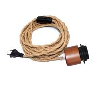 Lustre Corde de Chanvre avec Prise, 500CM Câble, Douille E27 avec Interrupteur, Corde Lampe Suspension avec Prise, Bois de Noyer Support D'ampoule, Suspension Luminaire Corde, Lampe Suspendue Rétro