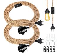 Lustre Corde de Chanvre de 4.5 Mètres, 2 Pièces Tête Unique Suspendue Câble de Lumière Corde E27 Prise, Vintage Lustre Corde Chanvre avec Prise Interrupteur, DIY Lampe Suspension pour Maison Chambre