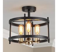 Lustre de plafond Saint Mossi, montage semi-plat dans un style ferme, avec 3 douilles pour ampoules, cadre en métal noir mat avec une finition dorée brillante