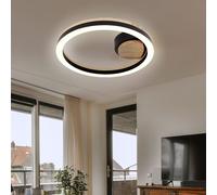 Plafonnier plafonnier LED lampe de salon lampe de couloir, métal noir aspect bois MDF plastique opale, 12W 600Lm 3000K blanc chaud, D 30 cm