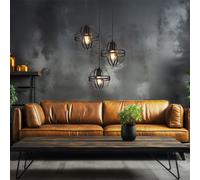 Lustre De Salle À Manger Lampe Suspendue Noire Cage Métal 3-Flamme E27