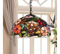 Lustre de style tiffany de 12 pouces Lampe à suspension à une tête à motif de raisin et vitrail pour la lampe de plafond accrochante de café de salle à manger de restaurant,110-240V, E27,12inch