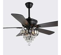 Lustre de ventilateur industriel américain, 52 pouces rétro noir avec télécommande lumière de ventilateur de plafond, E12 * 3 lumière cristal Plafonnier, 5 lames de ventilateur en bois massif, ou salo
