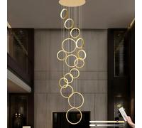 Lustre d'escalier Moderne à LED - Suspension à 15 Anneaux dorés, Hauteur réglable et intensité Variable (3000K-6000K), télécommande, pour entrée, Couloir, Salon, Villa LWX