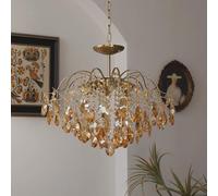 Lustre en Cristal Style Milieu du siècle, Finition Or brossé, culot E14 et Pampilles en Forme de Goutte d'eau. Luminaire idéal pour Chambre, Salon ou