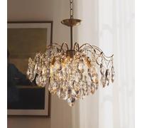 Lustre en Cristal Style Milieu du siècle, Finition Or brossé, Douille E14 et Pampilles en Forme de Goutte d'eau, luminaire idéal pour Chambre, Salon o