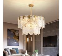 Lustre En Cristal Style Milieu Du Siècle Pour Salon, Lustre Moderne À 7 Lumières En Cristal, Suspension Luxueuse En Laiton Avec Abat-Jour En Verre - Or 70 X 43 Cm.
