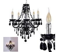 Lustre en métal noir/chrome, lampe à suspendre à 5 flammes, 5 x E14, suspension classique avec cristaux décoratifs, design vintage/rétro, ampoule(s) non incluse(s)