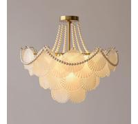 Lustre en Verre Dépoli Or 20" Perle Art Déco Lustre Coquillage 4 Niveaux Grand Semi Encastré Plafonnier Rond Nordique Moderne Suspension pour Filles Chambre Salon Cuisine, with Beads