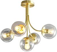 Lustre en verre E27 pendant la lumière, en laiton brossé avec globes blancs givrés, plafonnier à molécules de branches, compatible avec le salon, la salle à manger et le restaurant.,Lustres