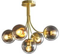 Lustre en verre E27 pendant la lumière, en laiton brossé avec globes blancs givrés, plafonnier à molécules de branches, compatible avec le salon, la salle à manger et le restaurant.,Lustres