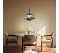 Lustre Lampe Pendante Suspendue Hauteur Souple Verre Fumé Bois Naturel H 120cm