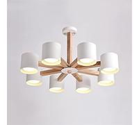 Lustre LED Moderne - Abat-Jour en Fer Blanc, plafonnier 8 lumières pour Hall d'entrée et Salle à Manger, Support en Bois élégant, Design Vintage et Contemporain pour la décoration intérieure