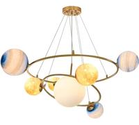 Lustre Moderne créatif à 7 lumières en Forme de Lune et de planète pour Chambre d'enfant, 2 Anneaux, doré, Grande Suspension, luminaire Suspendu, idéal pour Une Chambre d'enfant, Une Salle d