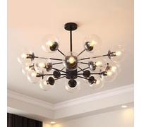 Lustre Moderne du Milieu du siècle à 16 lumières à intensité Variable - Suspension élégante en Verre pour Salle à Manger, Chambre et Cuisine - Installation Facile, Finition Noire et transpar