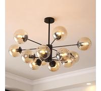 Lustre Moderne du Milieu du siècle à intensité Variable - Suspension en Verre à 12 Globes - Luminaire élégant pour Salle à Manger, Chambre et Cuisine - Installation Facile - Finition Noire e