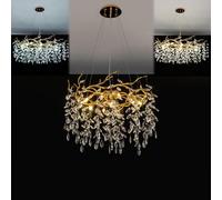 Lustre moderne en cristal doré - Suspension LED à trois niveaux de gradation avec motif de branches d'arbre, luminaire linéaire de luxe en forme de goutte de pluie pour salon, salle à manger et hôtel