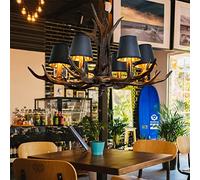 Lustre Retro Cafe E14 Lampe suspendue en bois de cerf Lustre de style industriel Abat-jour en résine de fer noir Luminaire Pendentif à hauteur réglable Salle à manger Plafonnier de cuisine Lampe suspe