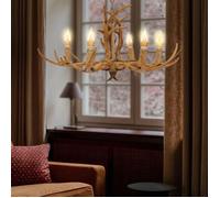 Lustre rétro marron antique à 6 têtes de cerf en corne de cerf pour salon, salle à manger, cuisine, chambre à coucher, entrée