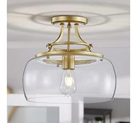 Lustre Rustique Industriel Rond Semi-Encastré À Led Avec Abat-Jour En Verre Transparent Pour Salle Den, Cuisine, Hall D'Entrée, Hxw 34, Base En Nickel Brossé/Plafonnier, Doré/Un
