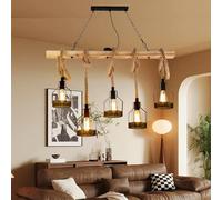 lustre suspendu Vintage Corde de chanvre tissée à la main suspension Lumière Bois E27 Cage Fer Lumière Industriel éclairage Hauteur Réglable Plafonnier 5 Flamme cuisine Chambre à coucher Déco plafond