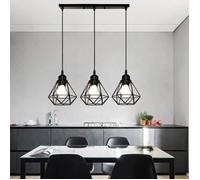 Lustre Suspension Industrielle Vintage TOKIUS 3 Lampes E27 Plafonnier Luminaire Design Cage en Métal Ø160mm avec Barre Noir