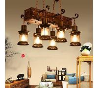 Lustre Vintage Rétro Suspension En Bois E27 Lampe Suspendue Antique Industriel Pendentif Lampe Fer Verre Abat-Jour Loft Plafond Éclairage Chambre Salle À Manger Salon Bar Décoration, 6 Têtes