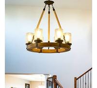 Lustres de ferme pour salle à manger, lustre en bois rustique à 6 lumières, luminaire en forme de roue de chariot avec abat-jour en verre grainé pour salon, chambre à coucher, îlot de cuisine et