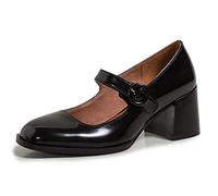 Lutalica W Chaussures Mary Jane à bout rond fermées en cuir verni vintage avec boucle et talon épais pour femme, Noir , 36.5 EU