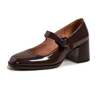 Lutalica W Chaussures Mary Jane à bout rond fermées en cuir verni vintage avec boucle et talon épais pour femme, marron, 39.5 EU