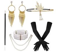 LUTER 8pcs 1920s Flapper Accessories, Magnifiques Accessoires des Années 20 Rugissantes Gants Bandeau Vintage Collier de Perles Bracelet Boucles d'oreilles pour Femme Fournitures de Fête à Thème
