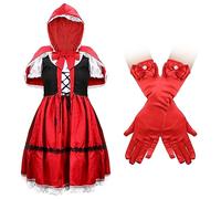 LUTER Costume du Petit Chaperon Rouge pour Filles, Noeud Mignon Costume de Cosplay de Filles Tenues d'Habillage pour Filles avec Cape Gants pour Halloween Fantaisie Robe Fête Cosplay 13-14 Ans (M)